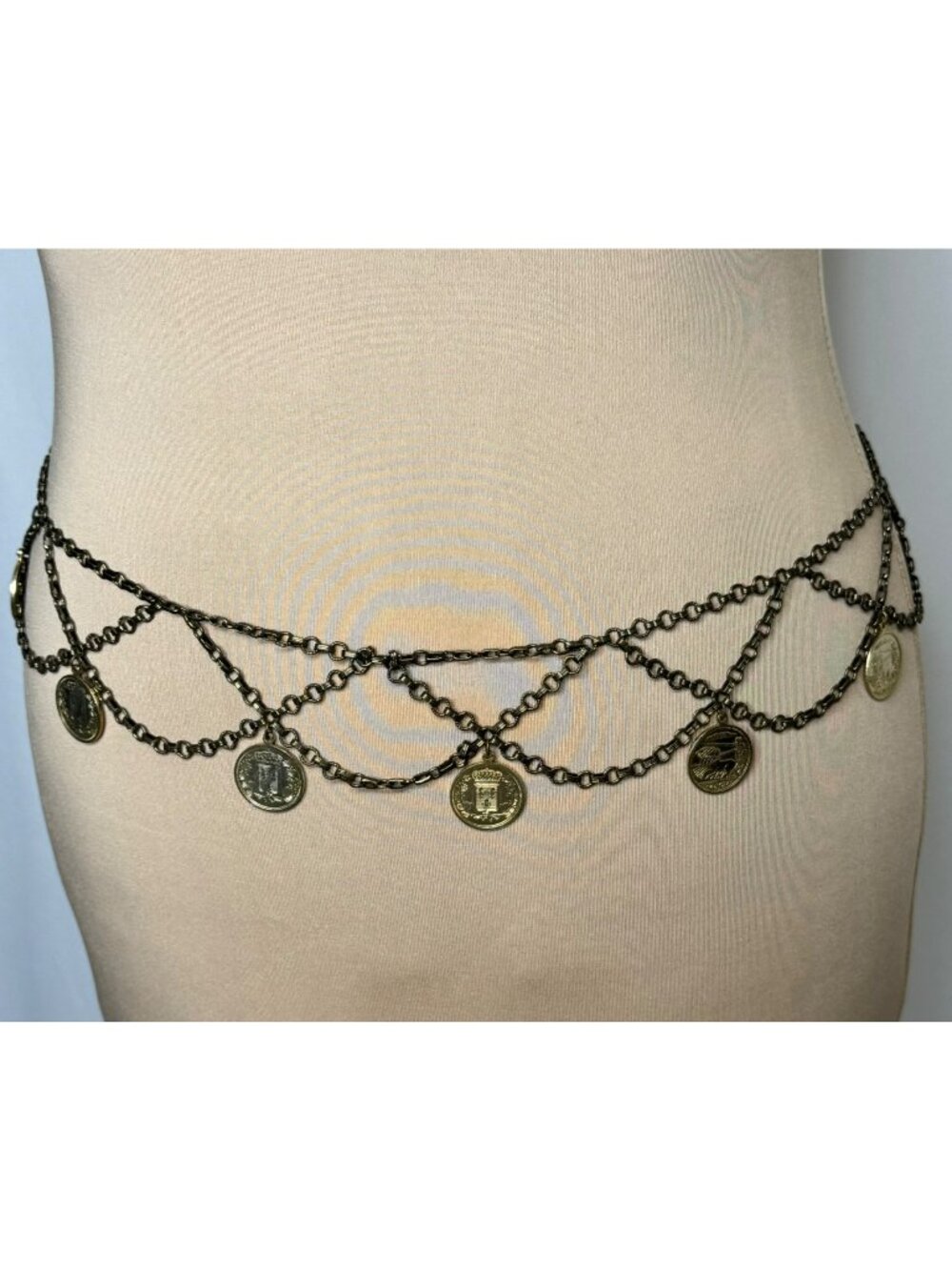 Vintage 80s Gold Tone Coin Chain Waist Belt Alexander The Great Greek Medallions